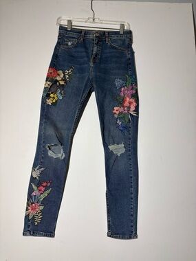 Topshop Moto Jamie Embroidered Floral Dark Wash Jeans W28 L32 to fit Size 32